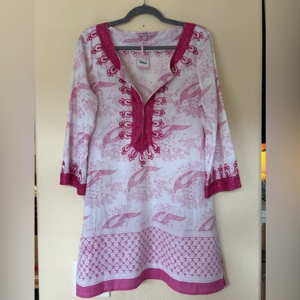 NWT Calypso Hester Oiseau Tunic Dress Swim Cover Pink White Paisley Medium